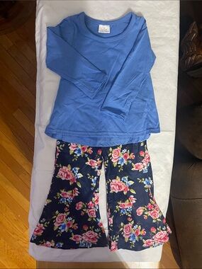 Blue Top & Navy Floral Girls' Pants and Top  (NWOT)